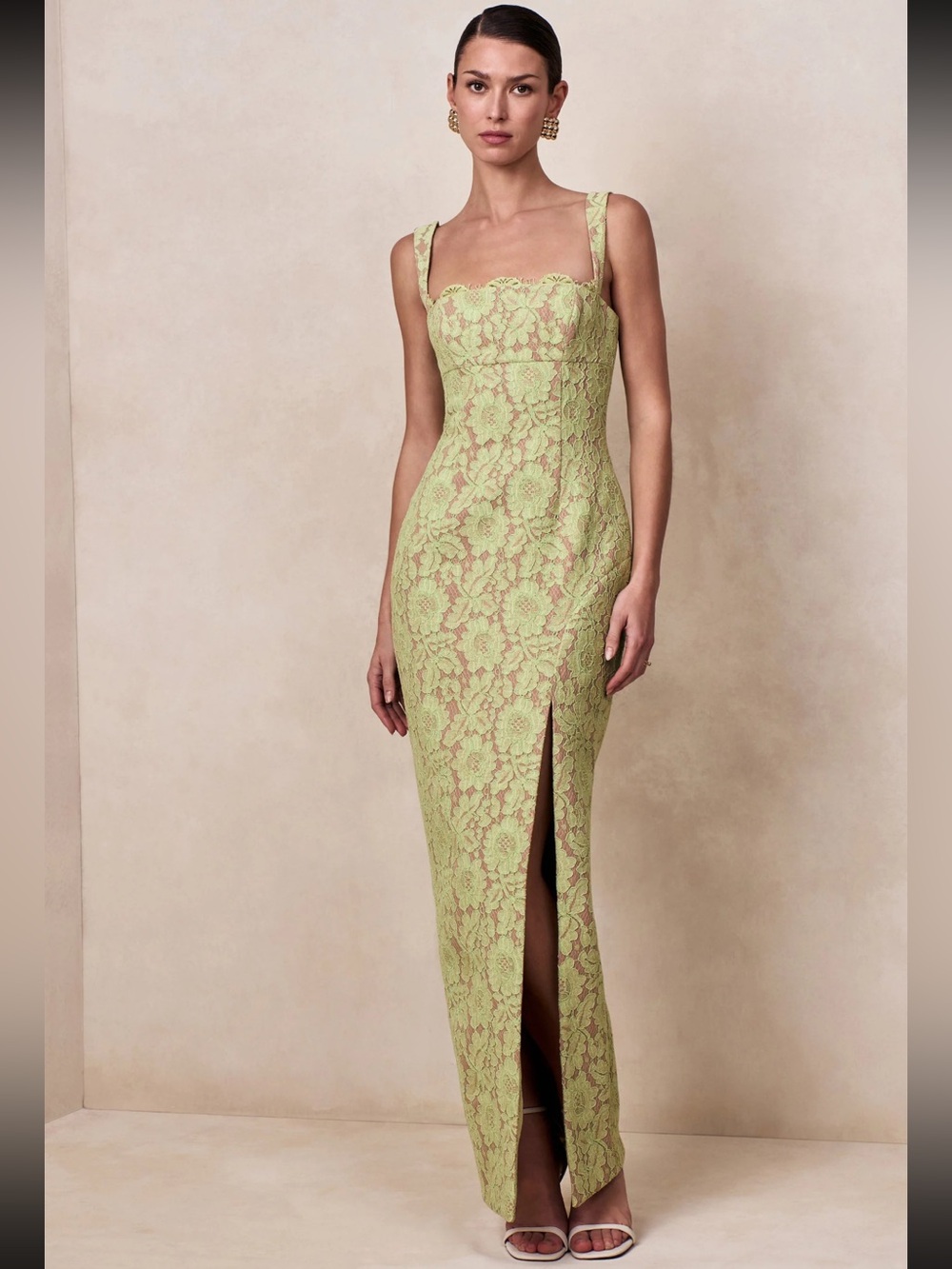 Scalloped Square-Neck Maxi Dress in Light Green Lace